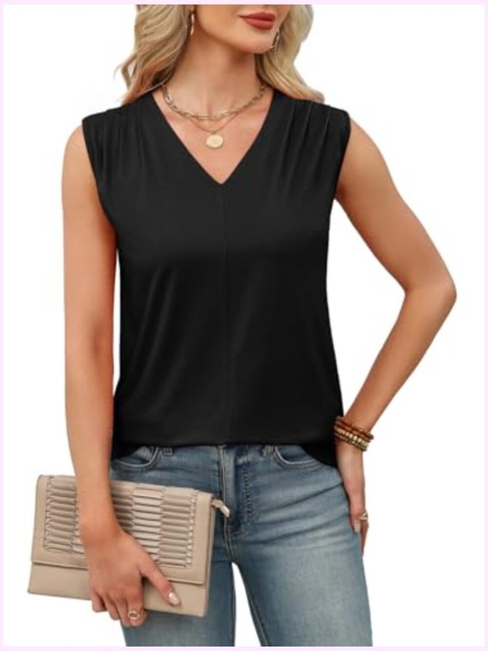 Loose Fit Pleated V Neck Sleeveless Blouse Tank Top - Picture 3 of 6